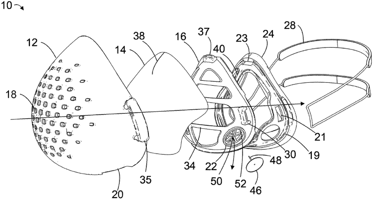 Patent drawing: Face mask for filtering air and air monitoring system